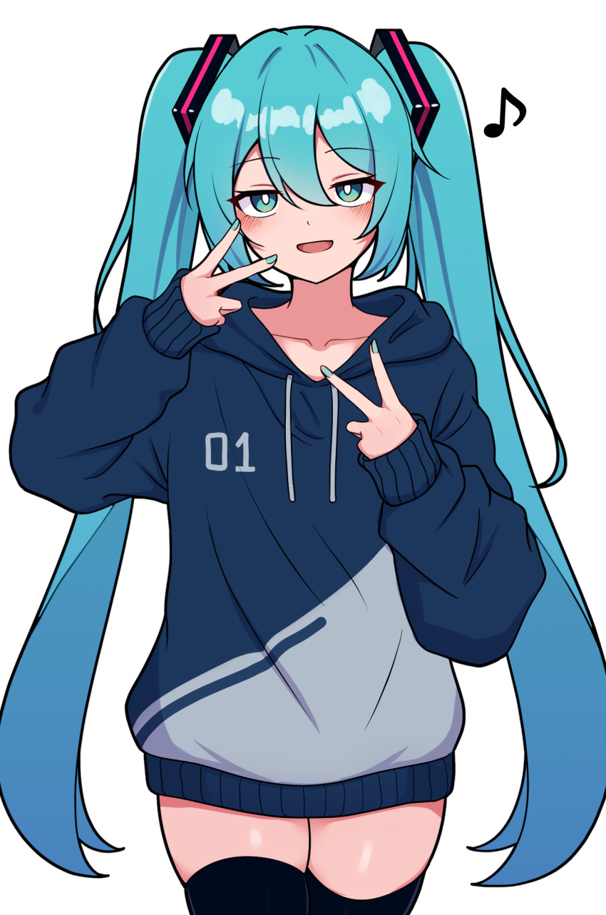 1girl :d aqua_eyes aqua_hair aqua_nails black_thighhighs blush bright_pupils collarbone commentary_request cowboy_shot double-parted_bangs double_v hatsune_miku highres hood hoodie jitome kumada_gaon long_hair long_sleeves looking_at_viewer musical_note no_pants open_mouth simple_background smile solo spoken_musical_note straight-on thighhighs twintails v very_long_hair vocaloid white_background white_pupils zettai_ryouiki