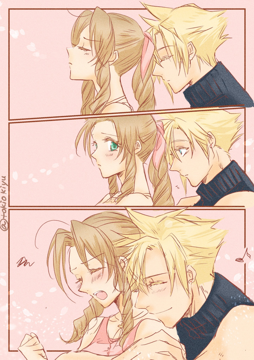 1boy 1girl aerith_gainsborough ahoge blonde_hair blue_shirt blush braid braided_ponytail brown_hair closed_eyes closed_mouth cloud_strife colored_eyelashes couple dress final_fantasy final_fantasy_vii final_fantasy_vii_rebirth final_fantasy_vii_remake hair_between_eyes hair_ribbon hetero highres hug hug_from_behind musical_note open_mouth parted_bangs pink_background pink_dress pink_ribbon ribbon shirt short_hair sidelocks single_braid sleeveless sleeveless_turtleneck smile spiked_hair squiggle tokiokiyu turtleneck twitter_username upper_body