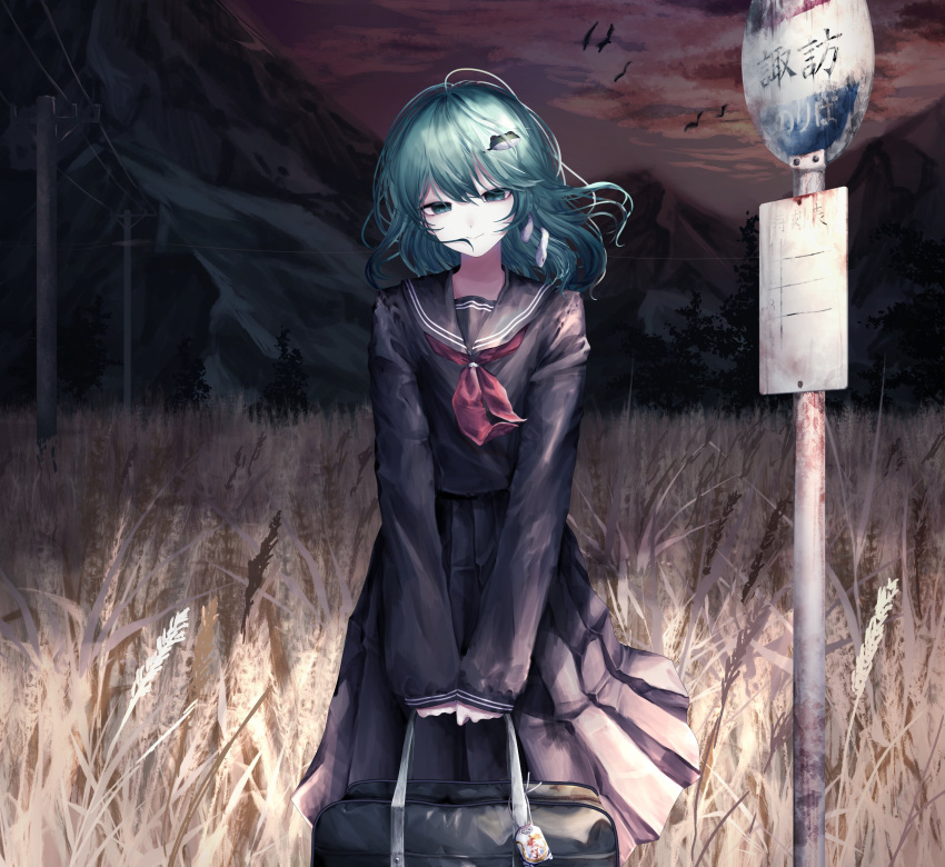 1girl alternate_costume bag bird black_sailor_collar black_serafuku black_shirt black_skirt bus_stop_sign closed_mouth cowboy_shot frog_hair_ornament green_eyes green_hair hair_ornament highres holding holding_bag kochiya_sanae long_hair long_sleeves looking_at_viewer mountain neckerchief pleated_skirt power_lines red_neckerchief red_sky sailor_collar school_uniform serafuku shirt skirt sky smile snake_hair_ornament solo t_terano touhou utility_pole wheat wheat_field