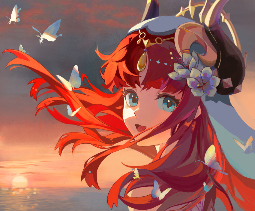 1girl blue_veil bug butterfly fake_horns flower genshin_impact gold_trim green_eyes hair_flower hair_ornament highres horns nilou_(genshin_impact) o.f.t ocean red_hair sunset veil white_headdress white_veil