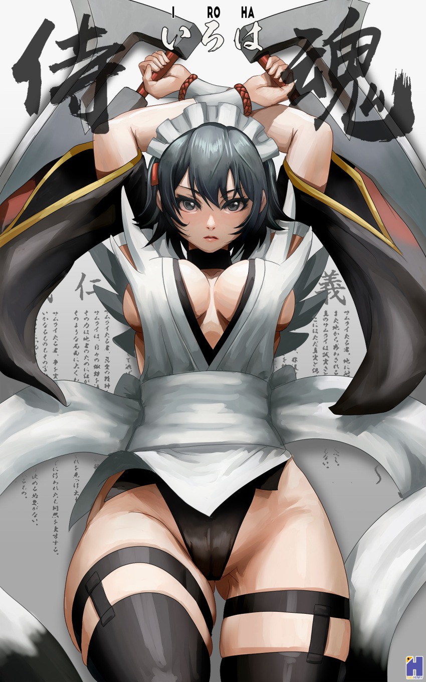 1girl apron black_hair black_thighhighs blue_eyes breasts butterfly_swords choker cleavage flipped_hair frilled_leotard frills hair_ornament highres huge_breasts iroha_(samurai_spirits) japanese_clothes lace-trimmed_apron lace_trim large_breasts leotard looking_at_viewer maid maid_headdress maid_leotard multiple_swords samurai_spirits short_hair snk solo swwhenry thighhighs thighs unconventional_maid weapon