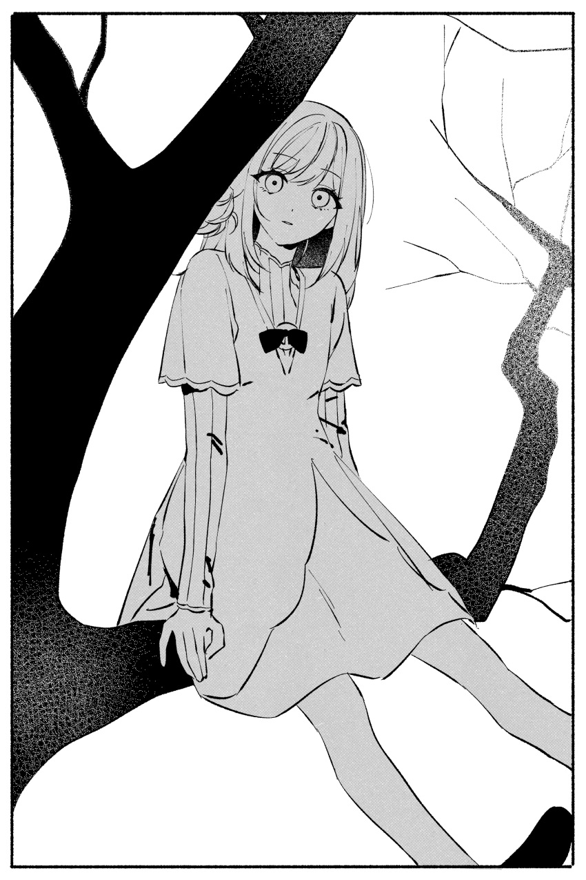 1girl absurdres aged_down commentary dress greyscale hair_bun highres long_hair long_sleeves looking_at_viewer mmr1g_3 monochrome outdoors parted_lips reverse:1999 single_side_bun sitting_on_branch solo symbol-only_commentary tree vertin_(reverse:1999)