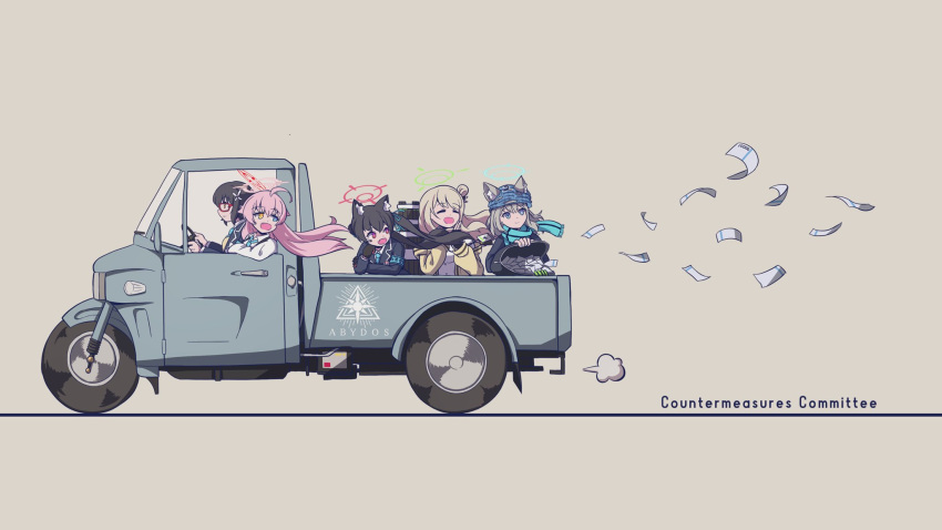 5girls :d animal_ear_fluff animal_ears ayane_(blue_archive) bag balaclava black_hair black_jacket blazer blue_archive blue_eyes blue_necktie blue_scarf brown_hair car cardigan cat_ears cat_girl collared_shirt commentary_request driving english_text foreclosure_task_force_(blue_archive) gatling_gun glasses grey_hair gun hair_between_eyes hair_bun hair_ornament hairclip halo heterochromia highres holding holding_bag hoshino_(blue_archive) jacket long_hair long_sleeves looking_at_another m134_minigun mask mask_on_head medium_hair mismatched_pupils money motor_vehicle multiple_girls necktie nonomi_(blue_archive) open_cardigan open_clothes pink_hair pointy_ears red_eyes scarf school_uniform serika_(blue_archive) shiroko_(blue_archive) shirt short_hair shoulder_strap sidelocks simple_background single_side_bun smile twintails weapon white_shirt wind wolf_ears wolf_girl yellow_cardigan yellow_eyes yukimi_unagi