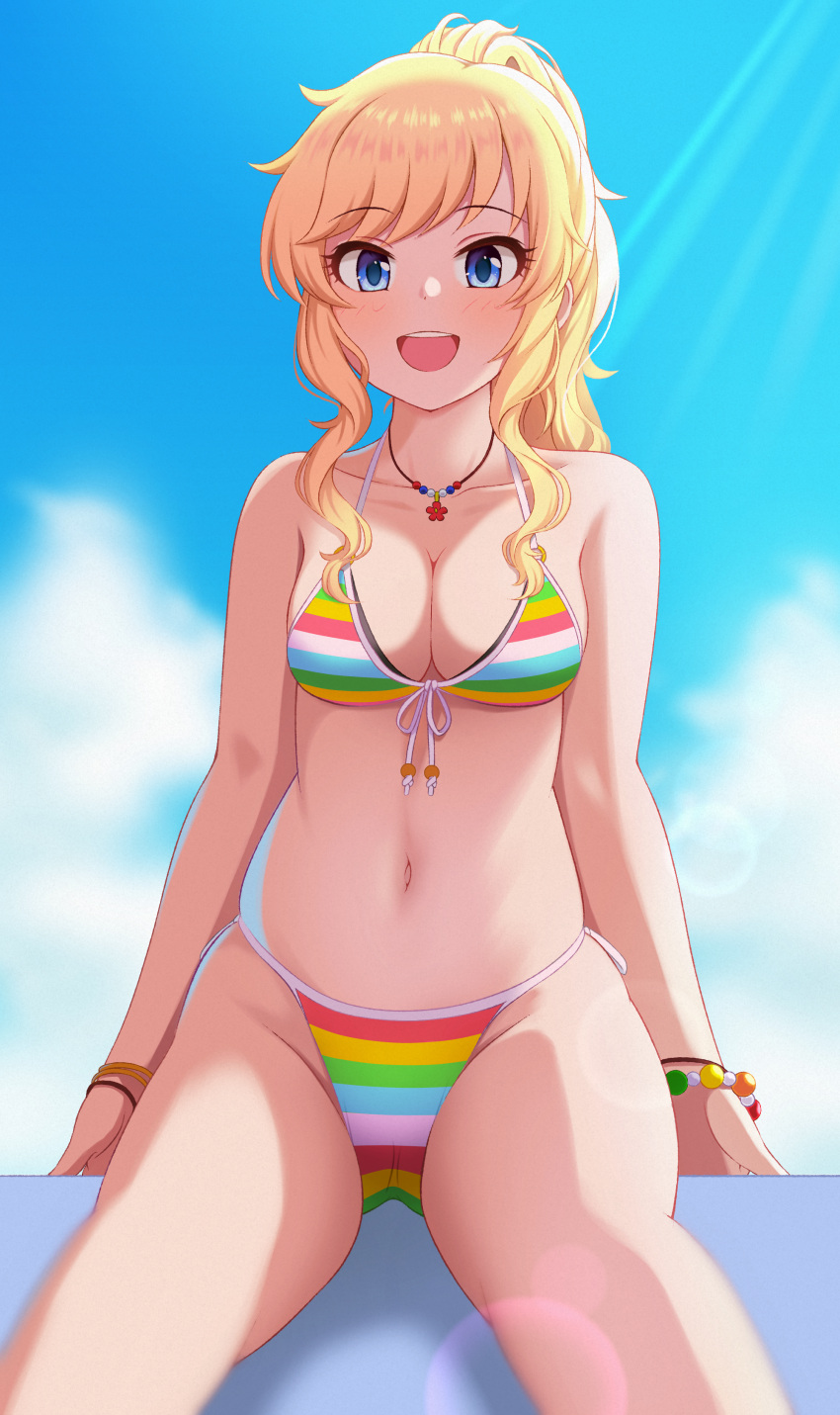 1girl absurdres bare_legs bikini blonde_hair blue_eyes blush bracelet breasts cleavage collarbone commentary_request contamination_(contami0813) feet_out_of_frame front-tie_bikini_top front-tie_top groin highres idolmaster idolmaster_cinderella_girls jewelry light_rays looking_at_viewer medium_breasts multicolored_bikini multicolored_clothes navel ohtsuki_yui outdoors ponytail sidelocks sitting smile solo stomach striped_bikini striped_clothes swimsuit