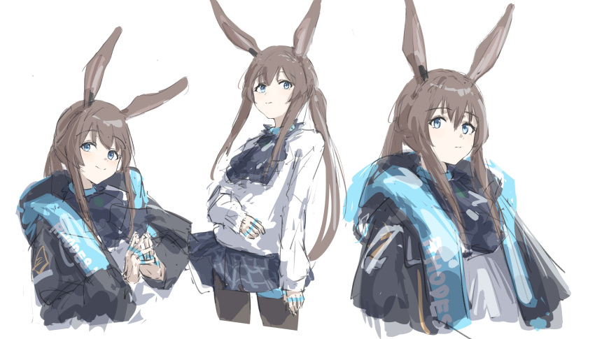 1girl amiya_(arknights) animal_ears arknights black_jacket blue_eyes brown_hair brown_pantyhose closed_mouth fuyukono highres hood hood_down hooded_jacket jacket jewelry long_hair long_sleeves multiple_views open_clothes open_jacket pantyhose ponytail puffy_long_sleeves puffy_sleeves rabbit_ears ring shirt simple_background sketch sleeves_past_wrists smile steepled_fingers very_long_hair white_background white_shirt