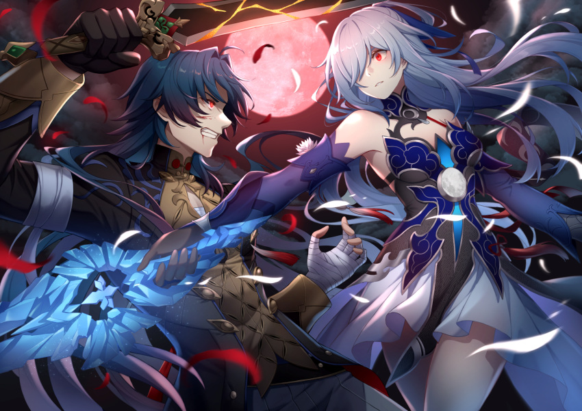 1boy 1girl aqua_skirt bandaged_arm bandaged_chest bandaged_fingers bandaged_hand bandages bare_shoulders belt black_belt black_coat black_hair black_pants blade_(honkai:_star_rail) blood blood_from_mouth blood_on_face blue_bow blue_collar blue_dress blue_hair blue_sleeves bow breasts brown_shirt chinese_commentary cleavage_cutout clenched_teeth clothing_cutout coat collar commentary_request cowboy_shot detached_sleeves dress duel feathers glowing glowing_eye hair_bow hair_intakes hair_over_one_eye highres holding holding_sword holding_weapon honkai:_star_rail honkai_(series) jingliu_(honkai:_star_rail) kiyo_(chaoschyan) long_hair looking_at_viewer medium_breasts moon open_clothes open_coat pants parted_lips red_eyes red_moon shirt skirt sleeveless sleeveless_dress sword teeth very_long_hair weapon white_feathers