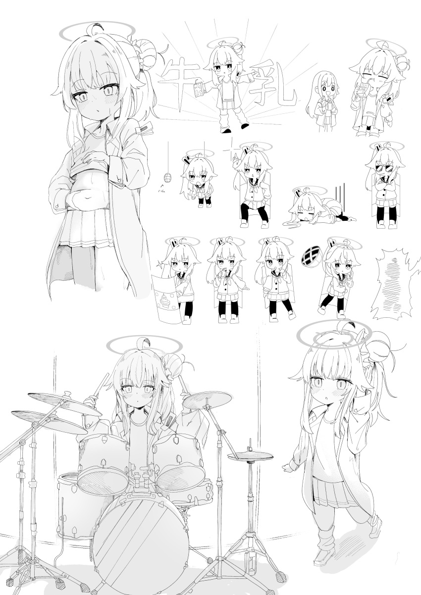 1girl absurdres ahoge blue_archive blush boots buttons cardigan closed_mouth drink drinking_straw drum drumsticks food greyscale halo highres holding holding_drink holding_drumsticks instrument jacket long_hair monochrome multiple_views natsu_(band)_(blue_archive) natsu_(blue_archive) navel neckerchief official_alternate_costume open_clothes open_jacket parted_lips pie pleated_skirt sailor_collar side_ponytail simple_background skirt stomach sunglasses teika_(gusu_zatugi) thighhighs white_background