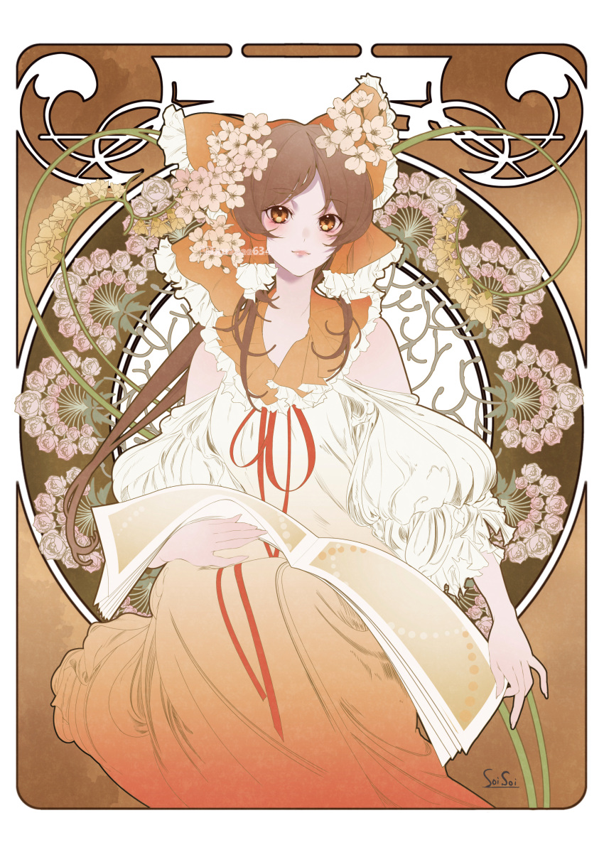 1girl absurdres art_nouveau artist_name blush bow brown_hair collar commentary_request fingernails flower flower_request hair_bow hakurei_reimu highres holding lips lipstick long_hair looking_at_viewer makeup orange_eyes pink_flower puffy_sleeves red_bow red_collar red_ribbon red_skirt ribbon rose shirt skirt soi_soi_(mixueeee634) solo touhou very_long_hair white_flower white_shirt