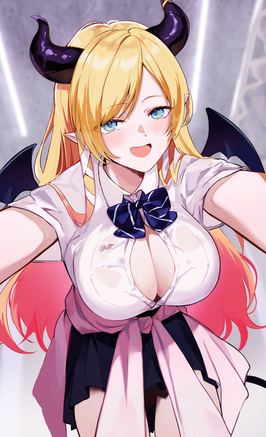 1girl absurdres alternate_costume aya02ka black_skirt blonde_hair blue_eyes breast_tattoo breasts cleavage clothes_around_waist collared_shirt commentary_request demon_girl demon_horns demon_wings gradient_hair happy heart heart_tattoo highres hololive horns jacket jacket_around_waist long_hair looking_at_viewer multicolored_hair open_mouth outstretched_arms partially_unbuttoned pink_hair pink_jacket pleated_skirt pointy_ears see-through see-through_shirt shirt short_sleeves skirt smile solo tattoo two-tone_hair unbuttoned unbuttoned_shirt virtual_youtuber wings yuzuki_choco