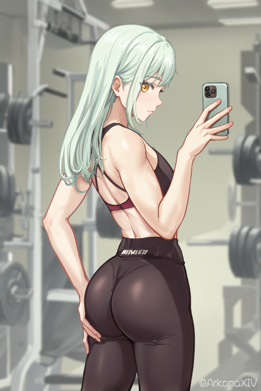 1girl ass bang_dream! bang_dream!_it's_mygo!!!!! bare_arms black_leggings black_sports_bra cellphone chinese_commentary closed_mouth commentary_request cowboy_shot da_akana_xiv expressionless from_behind green_hair gym highres holding holding_phone leggings long_hair looking_at_viewer phone selfie smartphone solo sports_bra taking_picture twitter_username wakaba_mutsumi yellow_eyes