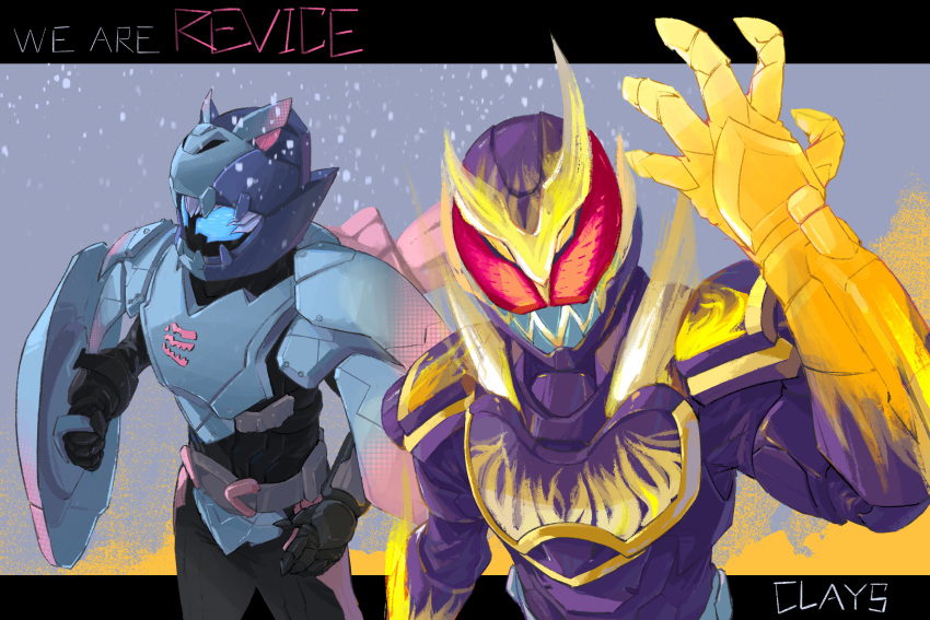 2boys absurdres animal_hood armor asymmetrical_horns barid_rex barid_rex_vistamp barid_vice blizzard blue_armor blue_eyes bodysuit clays_(clayschan) clenched_hands commentary_request demon_boy extra_eyes fire flame_print gloves gold_horns highres hood horns ice kamen_rider kamen_rider_revi kamen_rider_revice kamen_rider_vice male_focus multiple_boys purple_armor purple_bodysuit red_eyes rider_belt scarf sharp_teeth tail teeth tokusatsu tyrannosaurus_rex volcano_genome volcano_rex yellow_eyes yellow_gloves