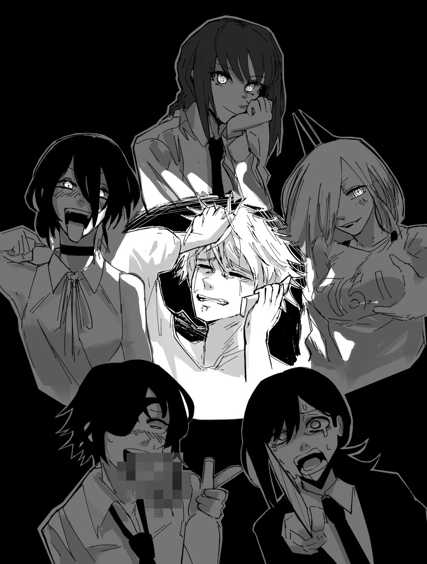 1boy 5girls absurdres blank_eyes breasts censored chainsaw_man choker closed_eyes commentary crying crying_with_eyes_open denji_(chainsaw_man) eyepatch grabbing_own_breast greyscale hair_over_one_eye head_rest heartbreak_juan higashiyama_kobeni highres himeno_(chainsaw_man) holding holding_phone horns loose_necktie makima_(chainsaw_man) medium_breasts monochrome mosaic_censoring multiple_girls necktie open_mouth phone power_(chainsaw_man) reze_(chainsaw_man) shirt short_hair sleeveless sleeveless_shirt smile streaming_tears suit tears tongue tongue_out vomiting