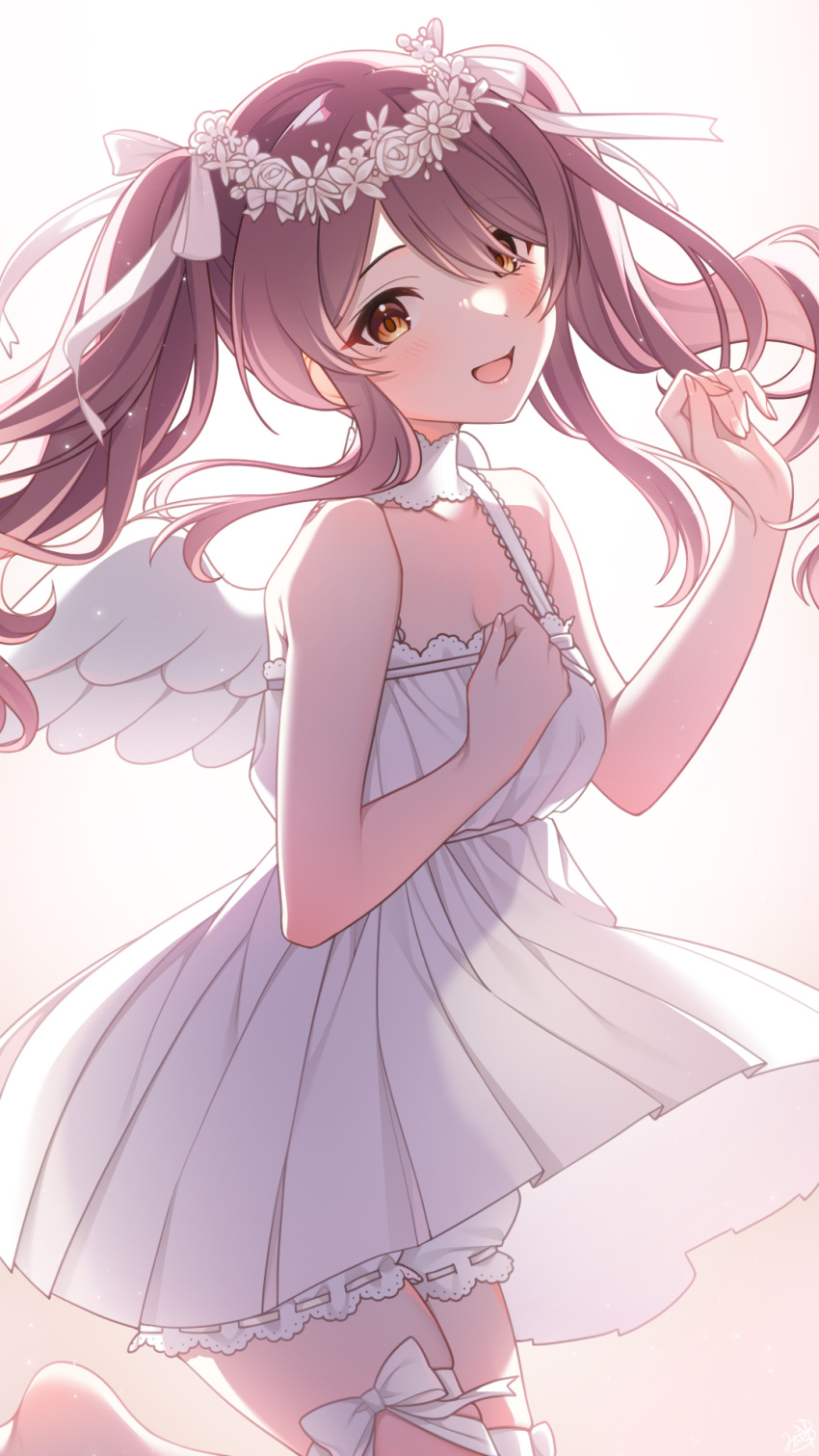 1girl backlighting bare_arms blush breasts brown_hair dress hair_ribbon head_wreath highres idolmaster idolmaster_shiny_colors leg_ribbon long_hair looking_at_viewer mikapoe osaki_tenka ribbon see-through_silhouette sleeveless sleeveless_dress smile solo thigh_ribbon twintails very_long_hair white_dress white_wings wings