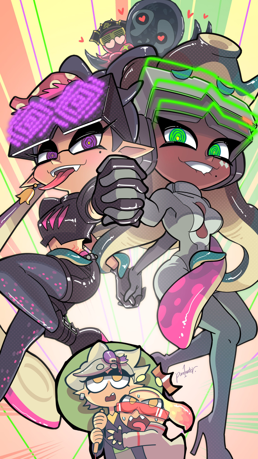 4girls @_@ absurdres biting_own_lip black_shorts bodysuit callie_(splatoon) center_opening crop_top crown dark-skinned_female dark_skin dj_octavio eyewear_on_head fangs glowing glowing_eyes green_eyes heart heart-shaped_pupils high_heels highres holding_hands hug interlocked_fingers jacket japanese_clothes kimono looking_at_viewer marie_(splatoon) marina_(splatoon) mind_control mini_crown mole mole_under_eye mole_under_mouth multiple_girls official_alternate_costume oil-paper_umbrella overlorder_(splatoon) pantyhose pantyhose_under_shorts pearl_(splatoon) pointy_ears pure1water purple_eyes short_shorts shorts splatoon_(series) splatoon_2 splatoon_3 splatoon_3:_side_order stomach_tattoo sunglasses sweat sweatdrop symbol-shaped_pupils tattoo tentacle_hair tongue tongue_out umbrella