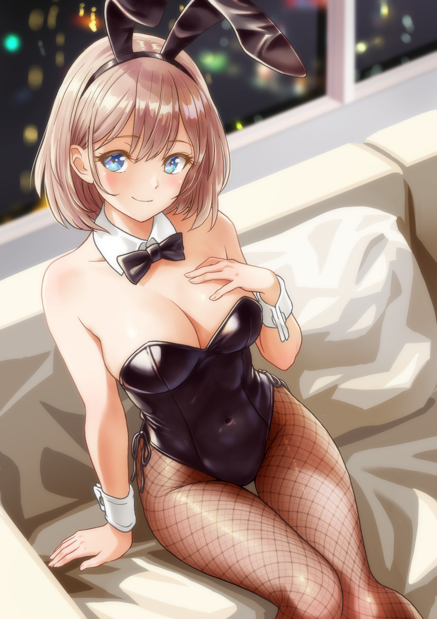 1girl animal_ears arm_support bare_shoulders black_leotard black_pantyhose blue_eyes blush bob_cut bow bowtie breasts cleavage closed_mouth collarbone couch covered_navel detached_collar fake_animal_ears fishnet_pantyhose fishnets hair_between_eyes hand_on_own_chest highleg highleg_leotard highres indoors leotard light_brown_hair looking_at_viewer medium_breasts on_couch original pantyhose playboy_bunny ponnetsu rabbit_ears short_hair side-tie_leotard sitting smile solo strapless strapless_leotard traditional_bowtie wrist_cuffs
