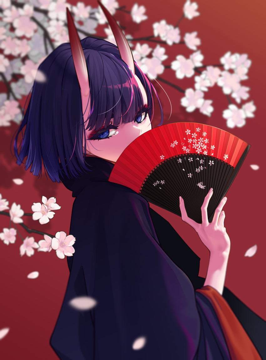 1girl absurdres black_kimono bob_cut branch cherry_blossoms eyeshadow fan_over_face fate/grand_order fate_(series) flower folding_fan hand_fan highres holding holding_fan horns japanese_clothes kimono looking_at_viewer makeup oni purple_eyes purple_hair red_background red_eyeshadow shirai_nana short_hair shuten_douji_(fate) simple_background skin-covered_horns solo wide_sleeves