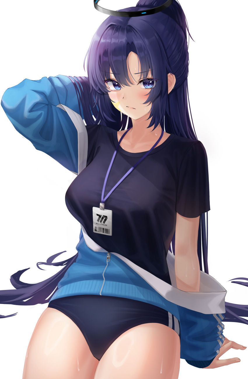 1girl absurdres black_buruma black_shirt blue_archive blue_jacket blush breasts buruma closed_mouth cowboy_shot duplicate facial_mark halo highres hsxxx id_card jacket lanyard large_breasts long_hair long_sleeves looking_at_viewer mechanical_halo official_alternate_costume pixel-perfect_duplicate ponytail purple_eyes purple_hair shirt short_sleeves simple_background solo star_(symbol) sweat track_jacket white_background yuuka_(blue_archive) yuuka_(track)_(blue_archive)