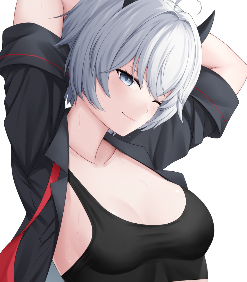 ;) absurdres arms_behind_head black_shirt black_tank_top blue_archive blue_eyes blush breasts chien_zero demon_girl demon_horns erika_(blue_archive) from_side hair_between_eyes half-closed_eye highres horns looking_at_viewer medium_breasts one_eye_closed open_clothes open_shirt shirt short_hair short_sleeves sleeves_rolled_up small_breasts smile tank_top upper_body white_hair