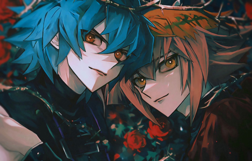 2boys black_shirt blue_hair blurry blurry_background brown_eyes brown_hair flower highres jacket johan_andersen katasode_cd looking_at_viewer male_focus multiple_boys red_jacket rose shirt sleeveless sleeveless_shirt smile thorns upper_body yu-gi-oh! yu-gi-oh!_gx yuki_judai