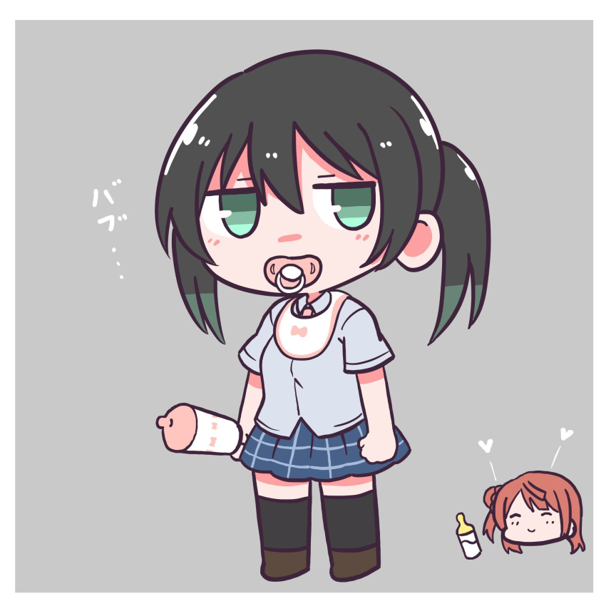 2girls adult_baby baby_bottle bib black_hair black_thighhighs blue_shirt blue_skirt blush border bottle brown_footwear chibi closed_eyes closed_mouth collared_shirt commentary_request full_body gradient_hair green_eyes green_hair grey_background hair_between_eyes hair_bun heart highres holding holding_rattle jitome kumaneko_(kumaneko1138) looking_at_viewer love_live! love_live!_nijigasaki_high_school_idol_club multicolored_hair multiple_girls nijigasaki_academy_school_uniform pacifier pink_hair plaid plaid_skirt rattle school_uniform shirt short_sleeves sidelocks single_side_bun skirt solo_focus standing summer_uniform takasaki_yu thighhighs translation_request twintails uehara_ayumu white_border