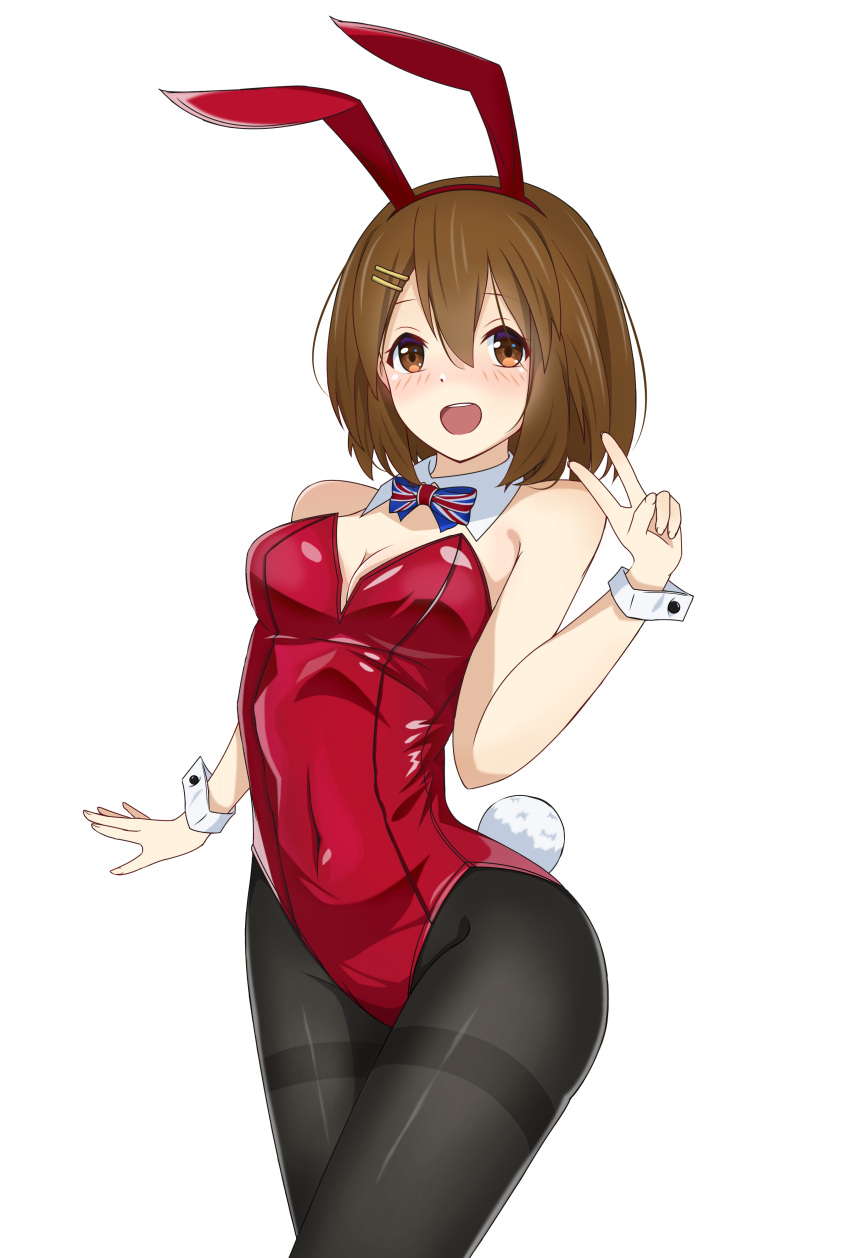 1girl absurdres animal_ears black_pantyhose blue_bow blue_bowtie bow bowtie breasts brown_eyes cowboy_shot detached_collar fake_animal_ears flag_print highres hirasawa_yui k-on! leotard medium_breasts open_mouth pantyhose playboy_bunny rabbit_ears rabbit_tail red_leotard round_teeth short_hair simple_background smile solo strapless strapless_leotard tail teeth thighband_pantyhose union_jack upper_teeth_only v white_background wrist_cuffs yasuc