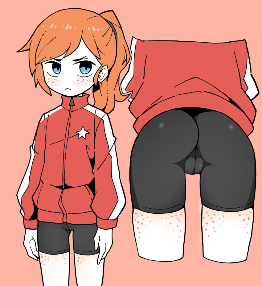 1girl :&lt; akableak ass ass_focus bent_over bike_shorts blue_eyes body_freckles closed_mouth cropped_legs flat_chest freckles frown highres jacket long_hair looking_at_viewer multiple_views orange_hair original pink_background ponytail red_jacket shorts simple_background standing star_(symbol) thigh_gap