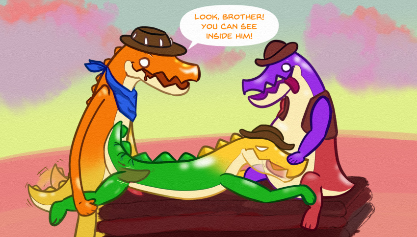 alligator alligatorid anal anal_penetration anthro bandanna bodily_fluids brother_(lore) brothers_(lore) candy chad_(tadc) clothed clothing cowboy cowboy_hat crocodile crocodilian crocodylid desert dessert detailed_background dripping empty_eyes erection excited fellatio food food_creature genitals glitch_productions group group_sex gummigoo_(tadc) gummy_(food) gummy_creature hat headgear headwear hi_res inside jagged_mouth kerchief kiroc leg_grab living_candy lizard male male/male max_(tadc) mostly_nude motion_lines nude open_mouth oral outside penetration penile penis pink_floor reptile saliva saliva_drip scalie sex sibling_(lore) speech_bubble spitroast tail tail_motion tailwag tapering_penis the_amazing_digital_circus threesome tongue tongue_out translucent translucent_body trio