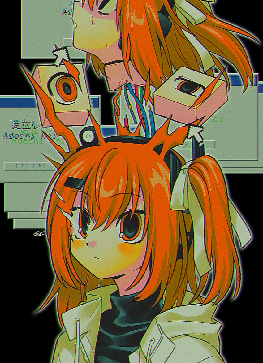 1girl a.i._voice adachi_rei android black_background black_shirt cable closed_mouth cursor drawstring hair_ornament hair_ribbon hairclip hashtag-only_commentary headlamp headphones highres jacket medium_hair menma_(enaic31) multiple_views one_side_up open_clothes open_jacket orange_eyes orange_hair ribbon severed_head shirt signature turtleneck utau white_jacket white_ribbon window_(computing)