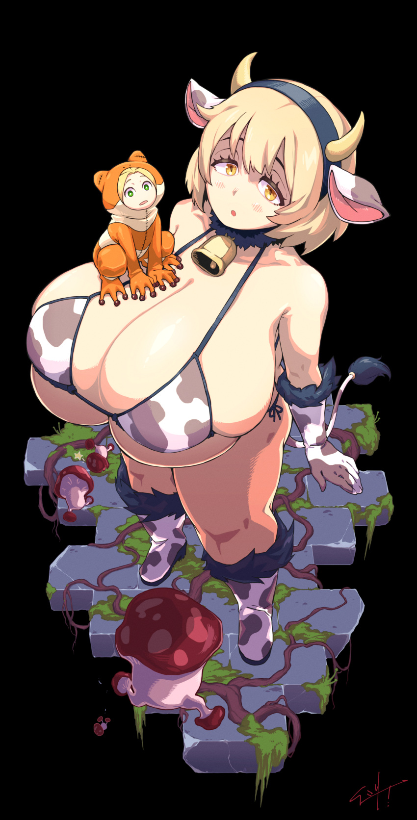 2girls :o absurdres animal_costume animal_ears animal_print bare_shoulders bell bikini black_hair blonde_hair boots breasts cleavage cow_ears cow_girl cow_horns cow_print cow_print_bikini cow_print_gloves cow_tail cowbell fake_animal_ears fake_horns frog_costume from_above fur_collar gigantic_breasts gloves green_eyes highres horns isirii_r_18 looking_at_viewer mini_person minigirl multiple_girls mushroom original print_bikini print_gloves short_hair simple_background sitting sitting_on_person standing swimsuit tail white_footwear white_gloves yellow_eyes