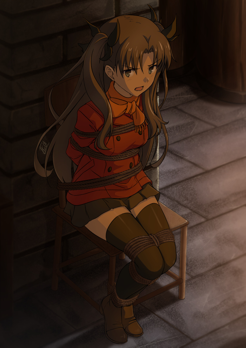 1girl absurdres ankle_boots bdsm black_hair black_thighhighs blue_eyes bondage boots bound brown_footwear chair commission fate/stay_night fate_(series) hair_ribbon highres jacket long_hair long_legs looking_at_viewer miniskirt on_chair open_mouth orange_scarf pixiv_commission red_jacket restrained ribbon rope scarf sitting skirt solo thighhighs tied_to_chair tohsaka_rin two_side_up vakaosciosa variant_set zettai_ryouiki