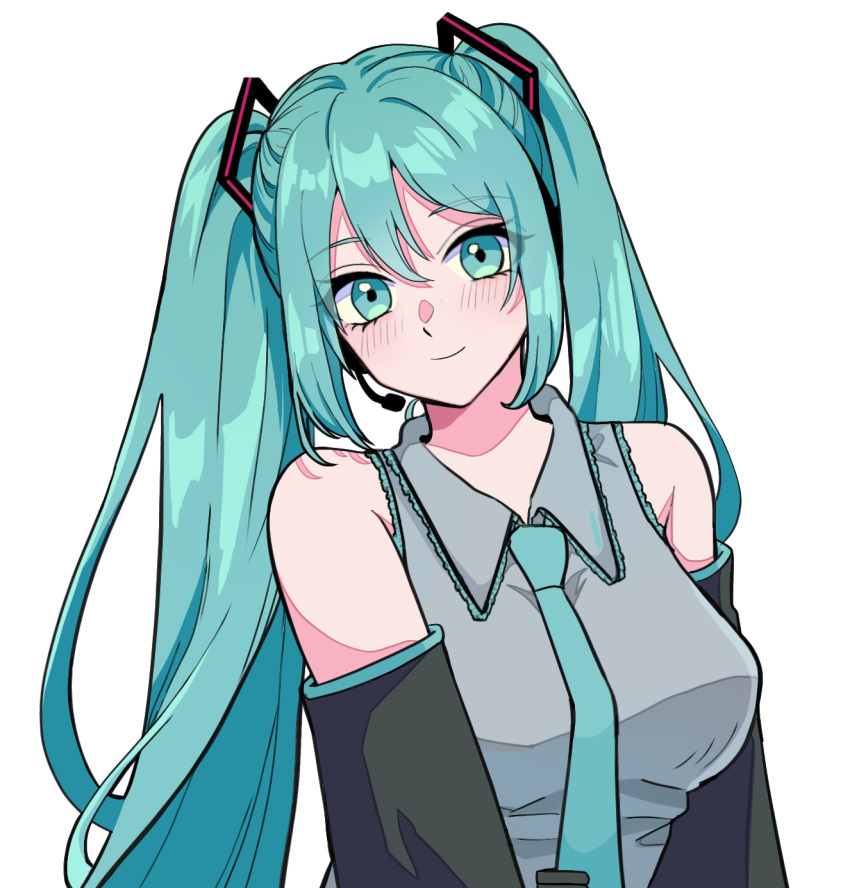 1girl aqua_eyes aqua_hair aqua_necktie bare_shoulders black_sleeves blush breasts closed_mouth collared_shirt commentary_request detached_sleeves grey_shirt hair_between_eyes hair_ornament hatsune_miku headset highres long_hair long_sleeves looking_at_viewer medium_breasts necktie shirt sidelocks simple_background sleeveless sleeveless_shirt smile solo twintails upper_body very_long_hair vocaloid white_background white_shirt yuno_ff