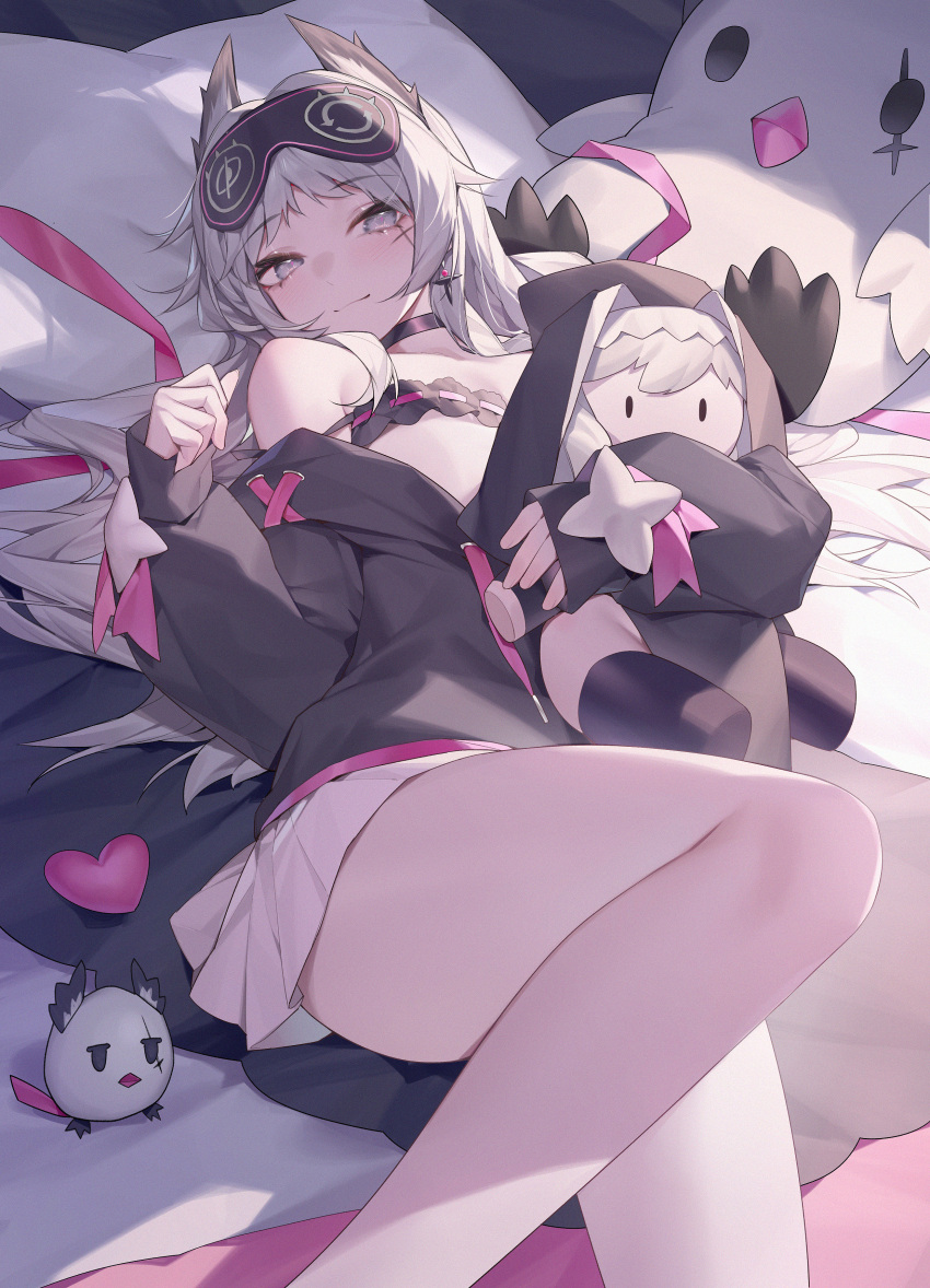 1girl absurdres alternate_costume arknights bare_shoulders bird black_choker black_shirt character_doll choker closed_mouth commentary_request darling0221 doll feet_out_of_frame grey_eyes grey_hair head_wings heart highres holding holding_doll irene_(arknights) knee_up light_smile long_hair long_sleeves looking_at_viewer mask mask_on_head off_shoulder on_bed pillow pink_ribbon ribbon scar scar_across_eye secretary_settings_(arknights) shirt skirt sleep_mask solo specter_(arknights) stuffed_animal stuffed_bird stuffed_toy white_skirt wings