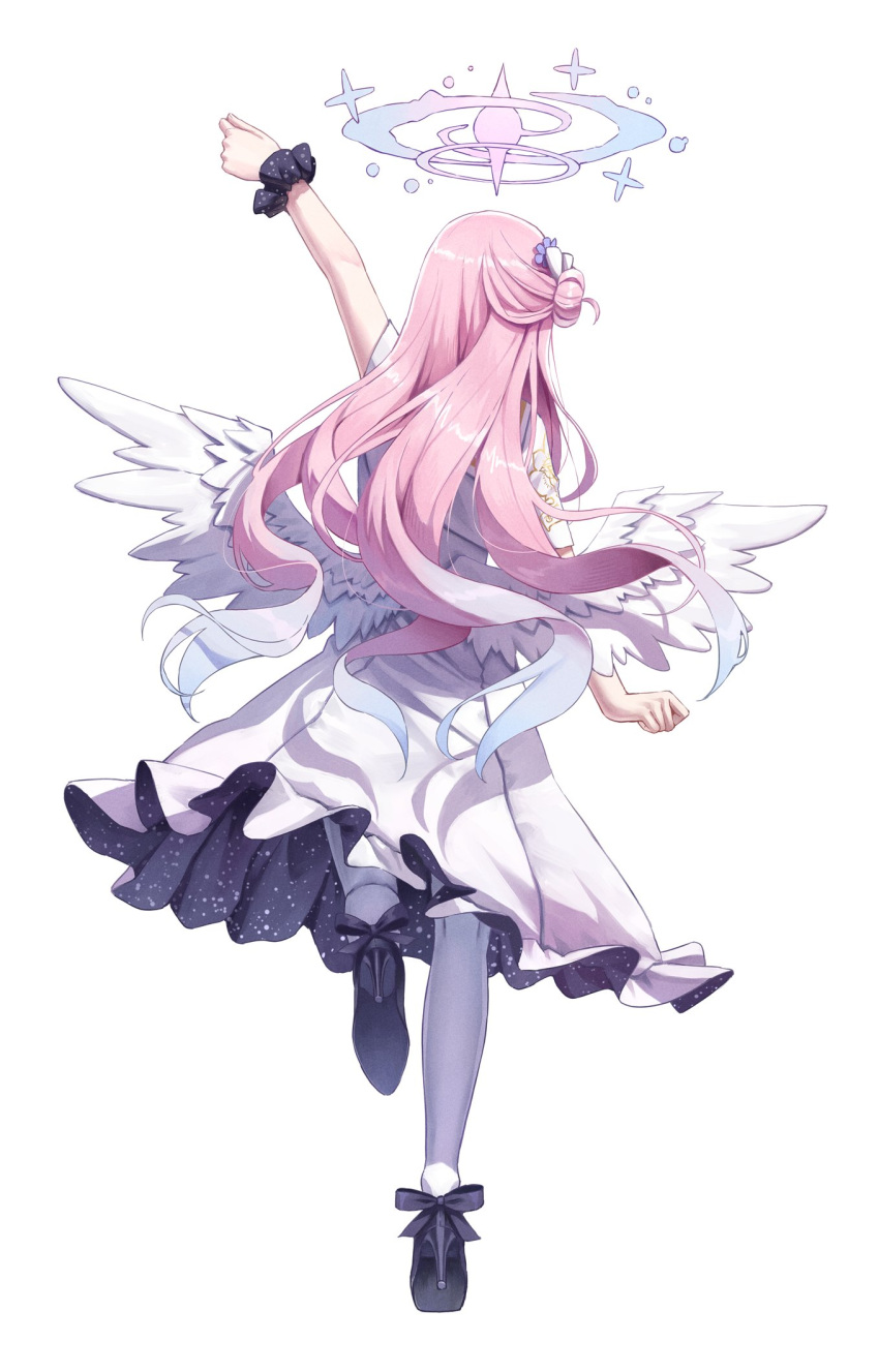 1girl arm_up black_footwear black_scrunchie blue_archive bow capelet clenched_hands commentary_request dress feathered_wings footwear_bow frilled_dress frills full_body hair_bun hair_ornament halo highres low_wings mika_(blue_archive) pink_hair pink_halo scrunchie simple_background single_hair_bun solo standing standing_on_one_leg superpig thighhighs white_background white_capelet white_dress white_thighhighs white_wings wings wrist_scrunchie