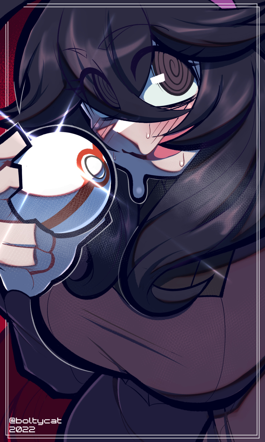 1girl @_@ absurdres black_eyes black_hair boltycat breasts hex_maniac_(pokemon) highres holding holding_poke_ball large_breasts long_sleeves looking_at_viewer open_mouth poke_ball pokemon premier_ball solo sweat upper_body