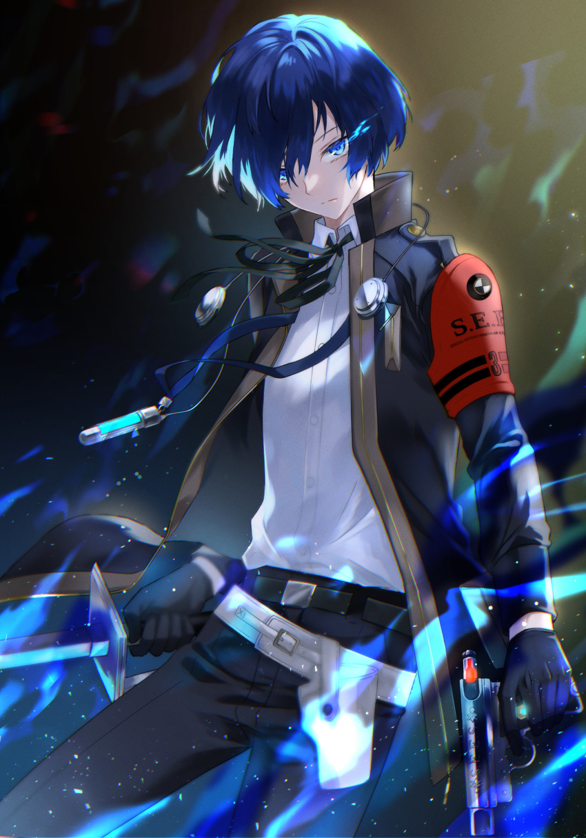 1boy armband belt black_gloves black_jacket black_pants black_ribbon blue_eyes blue_hair closed_mouth collared_shirt cowboy_shot dark_blue_hair digital_media_player earphones evoker gekkoukan_high_school_uniform gloves gradient_background gun headphones headphones_around_neck highres holding holding_gun holding_sword holding_weapon jacket light_particles long_sleeves looking_at_viewer male_focus neck_ribbon open_clothes open_jacket pants persona persona_3 persona_3_reload red_armband ribbon s.e.e.s school_uniform shirt short_hair solo sword tsukitaka weapon white_shirt yuuki_makoto_(persona_3)