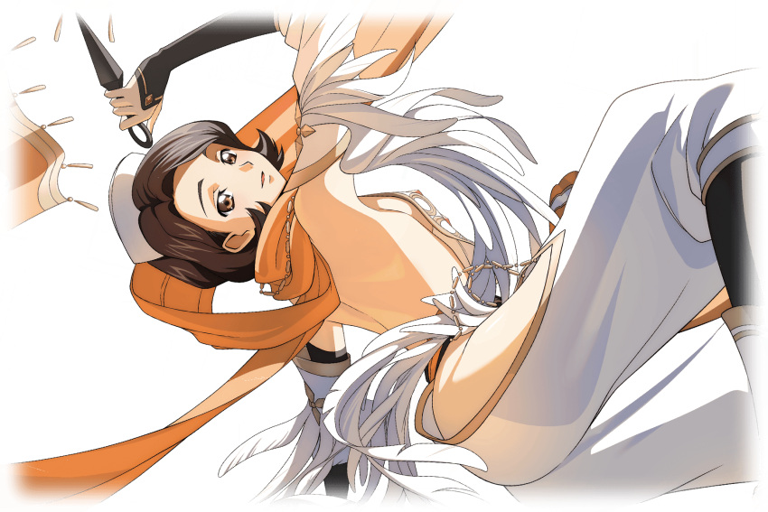 1girl arm_up artist_request ass back backless_outfit breasts brown_eyes brown_hair code_geass code_geass:_lost_stories detached_sleeves feather-trimmed_sleeves feather_trim flexible from_side game_cg happy harem_pants hat highres hip_vent holding holding_weapon jumping kunai layered_sleeves looking_at_viewer medium_breasts ninja non-web_source official_art open_mouth orange_gemstone orange_scarf pants revealing_clothes scarf shinozaki_sayoko short_hair sideboob simple_background smile solo transparent_background weapon white_hat white_pants