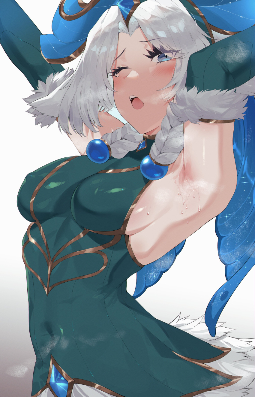 1girl absurdres armpits arms_up blue_eyes blush braid breasts covered_navel detached_sleeves fur-trimmed_sleeves fur_trim highres league_of_legends lillia_(league_of_legends) long_hair lost-phews medium_breasts open_mouth sideboob simple_background solo sweat tearing_up twin_braids white_background white_hair