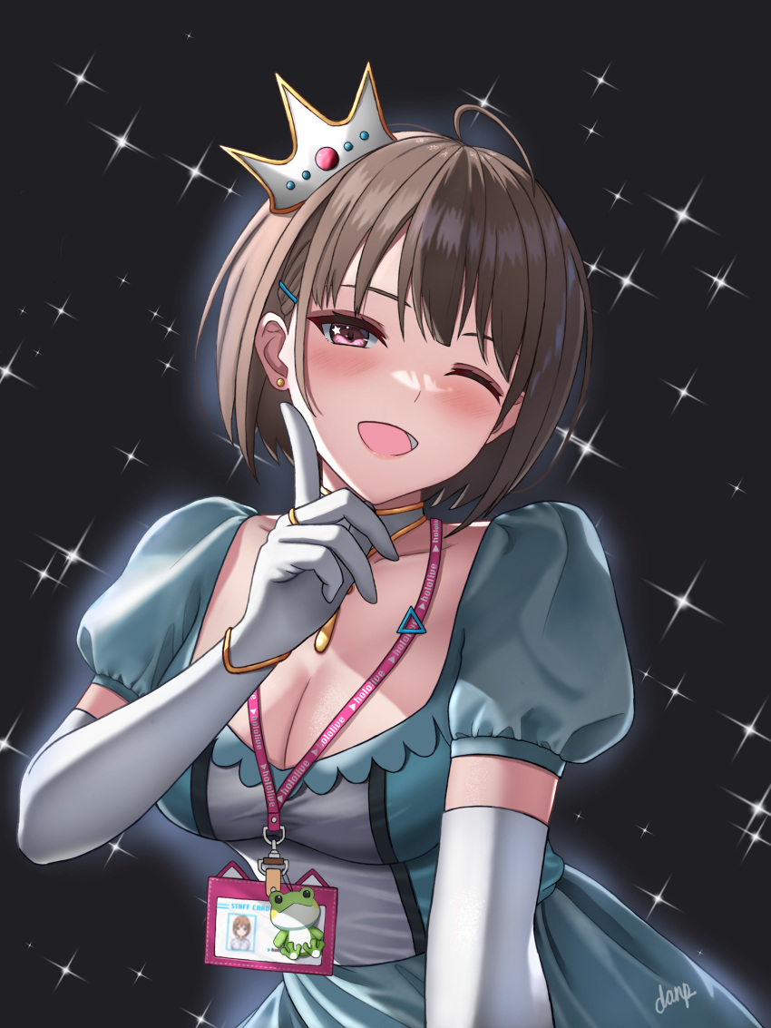 1girl ahoge alternate_costume black_background breasts brown_hair cleavage crown danp016 dress ear_piercing gloves harusaki_nodoka highres hololive huge_ahoge id_card medium_breasts medium_hair one_eye_closed open_mouth piercing red_eyes reddit_username simple_background star_(symbol) star_in_eye symbol_in_eye white_gloves