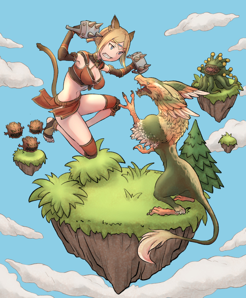 1girl adventurer_(ff11) animal_ears black_gloves blonde_hair blue_eyes blue_sky bomb_(final_fantasy) breasts brown_tail cactus41747280 cat_ears cat_girl cat_tail cleavage clenched_teeth cloud day elbow_gloves fang final_fantasy final_fantasy_xi floating_island fringe_trim gloves grass griffin highres loincloth malboro medium_breasts mithra_(ff11) navel parted_bangs short_hair sky tail teeth toeless_legwear toenails