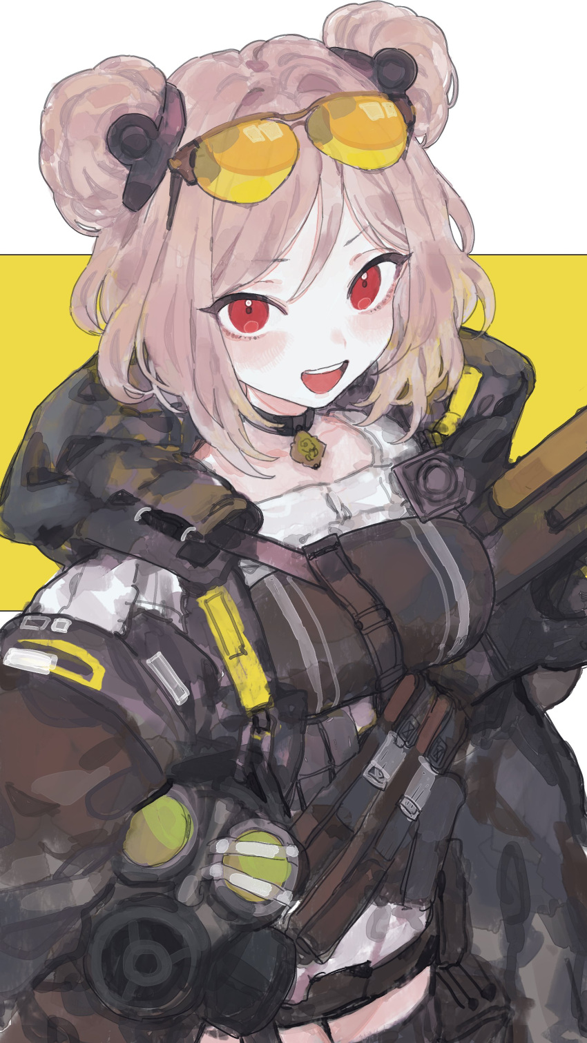 1girl absurdres black_choker black_jacket breasts brown_hair bullpup choker commentary commission double_bun eyewear_on_head gas_mask girls'_frontline gun hair_bun highres holding holding_gun holding_weapon hood hooded_jacket jacket looking_at_viewer mask open_clothes open_jacket open_mouth p90 p90_(girls'_frontline) red_eyes rocb short_hair skeb_commission smile solo submachine_gun sunglasses teeth two-tone_background upper_teeth_only weapon white_background yellow_background
