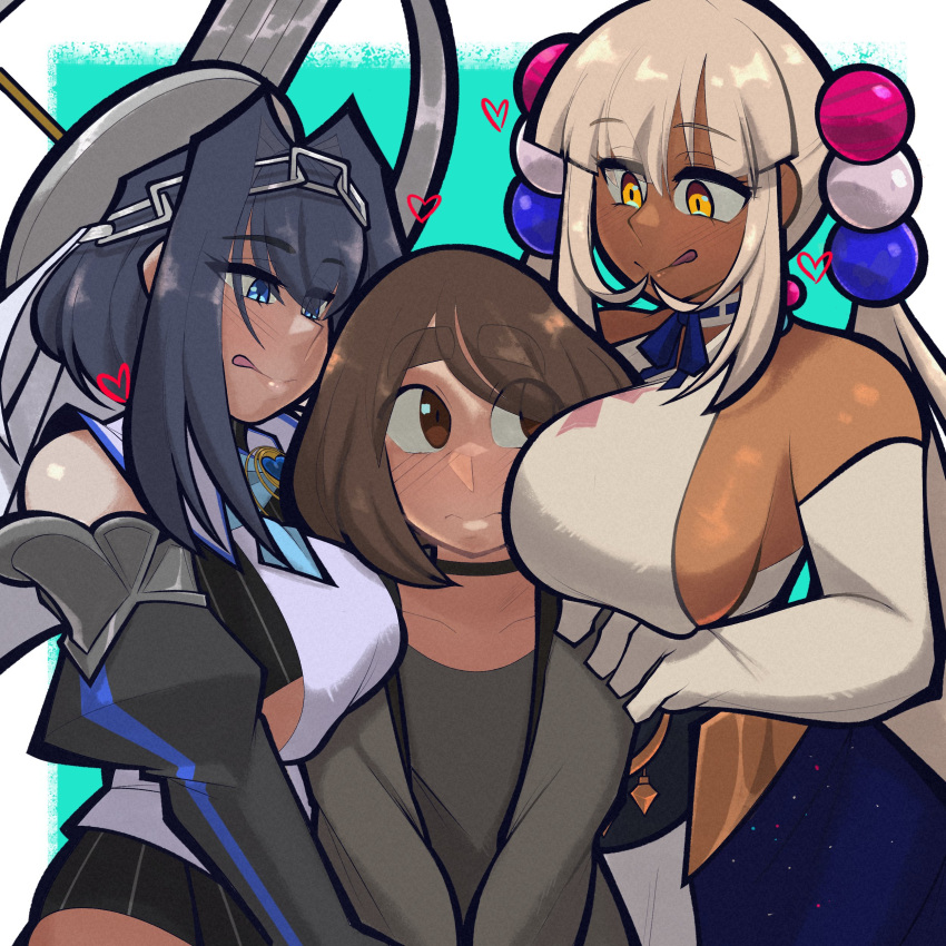 1boy 2girls absurdres black_hair blue_eyes boltycat breast_press breasts brown_eyes brown_hair choker closed_mouth collarbone commission dark-skinned_female dark_skin elbow_gloves gloves hair_intakes highres hololive hololive_english large_breasts licking_lips long_hair looking_at_another multiple_girls original ouro_kronii short_hair sideboob tongue tongue_out tsukumo_sana twintails virtual_youtuber white_gloves