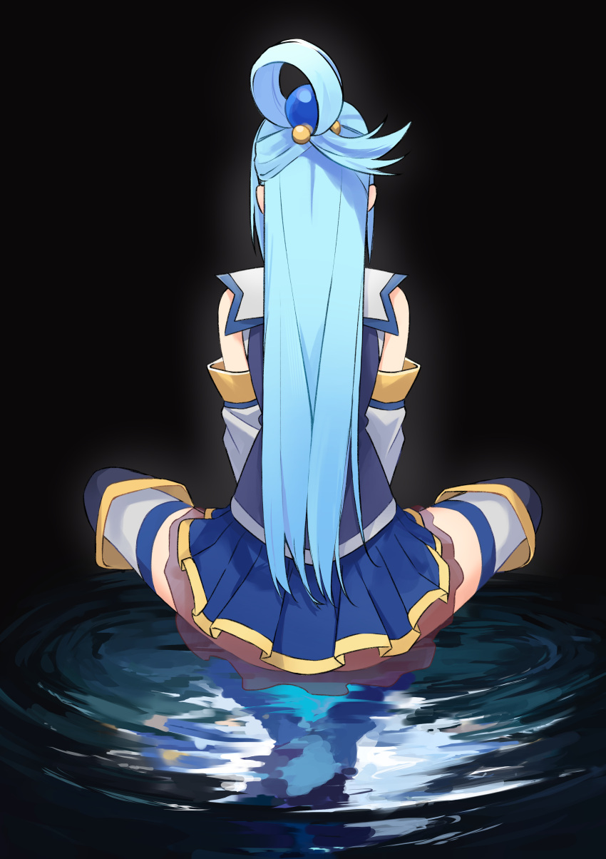 1girl absurdres aqua_(konosuba) bare_shoulders black_background blue_footwear blue_hair blue_shirt blue_skirt boots commentary_request detached_sleeves facing_away from_behind full_body hair_rings highres kono_subarashii_sekai_ni_shukufuku_wo! lisu long_hair pleated_skirt reflection see-through shirt sitting skirt sleeveless sleeveless_shirt solo thigh_boots thighhighs thighhighs_under_boots very_long_hair water white_sleeves white_thighhighs