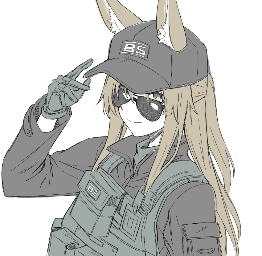 1girl animal_ears arknights arm_at_side arm_pouch baseball_cap black-framed_eyewear black_hat black_shirt brown_eyes brown_hair bulletproof_vest closed_mouth collared_shirt crooked_eyewear fox_ears fox_girl franka_(arknights) from_side gloves green_gloves half_updo hand_up hat highres kyoro_(kyoroillust) limited_palette long_sleeves looking_at_viewer one_side_up ponytail shirt sideways_glance simple_background smile solo sunglasses upper_body white_background