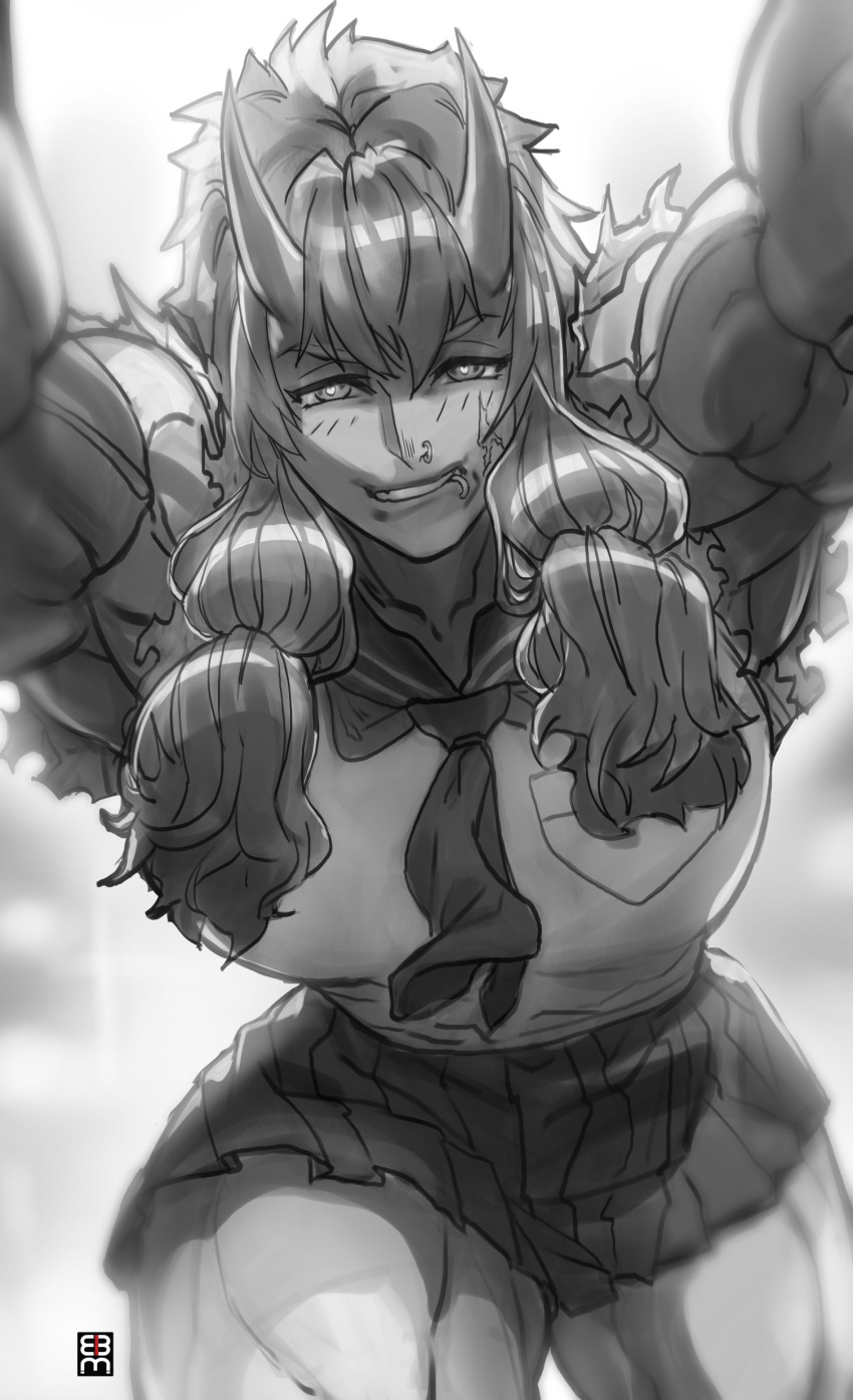absurd_res big_breasts bottomwear breasts clothing eric_martin facial_piercing female hi_res horn horned_humanoid humanoid lip_piercing looking_at_viewer monochrome muscular muscular_female necktie nose_piercing nose_ring piercing school_uniform skirt solo uniform