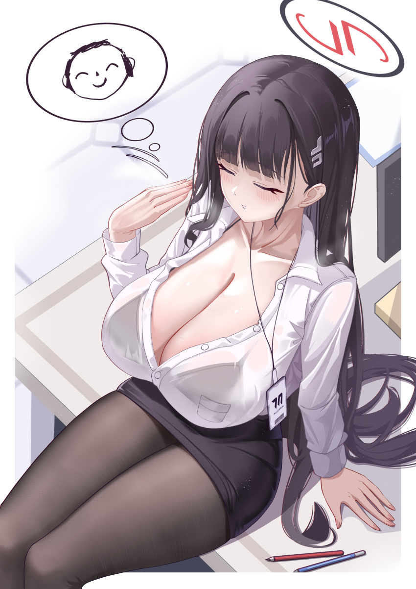 1girl absurdres black_hair black_skirt blue_archive blunt_bangs blush border bra_visible_through_clothes breasts cleavage closed_eyes collarbone desk doodle_sensei_(blue_archive) fanning_self from_above hair_ornament hairclip halo highres hot huge_breasts kaijiba lanyard light_particles long_hair miniskirt office_lady on_desk pantyhose parted_lips pen pencil_skirt rio_(blue_archive) sensei_(blue_archive) sitting skirt solo thought_bubble very_long_hair white_border white_hair