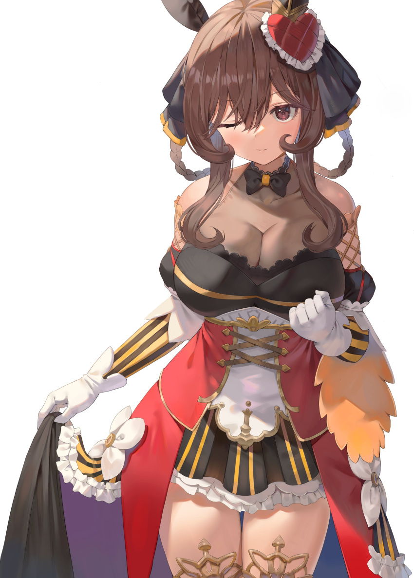 1girl absurdres animal_ears blush breasts brown_eyes brown_hair cleavage closed_mouth collarbone commentary_request detached_sleeves gentildonna_(umamusume) gloves hair_between_eyes hair_ornament hair_rings highres horse_ears horse_girl horse_tail large_breasts looking_at_viewer medium_hair one_eye_closed rangen ribbon smile solo tail thighhighs umamusume white_background