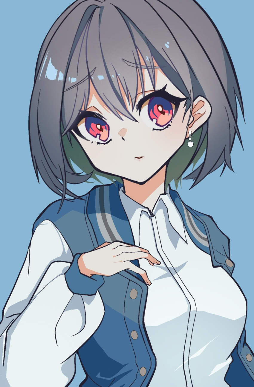1girl bang_dream! bang_dream!_it's_mygo!!!!! blue_background blue_jacket breasts collared_shirt commentary dress_shirt earrings grey_hair hair_between_eyes highres jacket jewelry looking_at_viewer medium_breasts parted_lips raglan_sleeves red_eyes shirt short_hair simple_background solo takamatsu_tomori upper_body white_shirt white_sleeves zhong_xiansheng