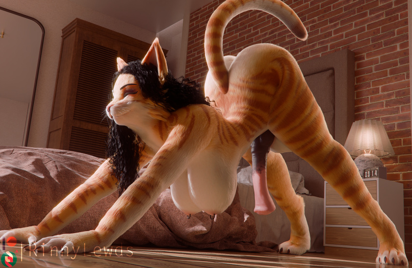 3d_(artwork) anthro areola ass_up balls bed biped bottomless breasts clothed clothing digital_media_(artwork) domestic_cat erection eyes_closed felid feline felis fur furniture genitals gynomorph hi_res intersex mammal medial_ring nipple_piercing nipples nude penis piercing rinny rinny_(character) solo striped_body striped_fur stripes tabby_cat whiskers