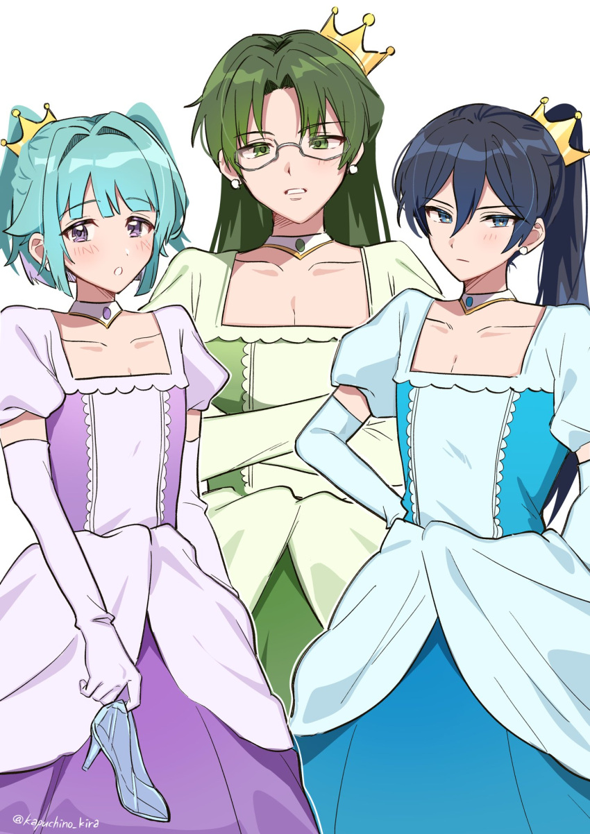 3girls aqua_hair black_hair blue_dress blue_eyes blue_gloves blush closed_mouth crown dress ensemble_stars! flat_chest genderswap genderswap_(mtf) glasses gloves green_dress green_eyes green_gloves green_hair hasumi_keito hidaka_hokuto high_ponytail highres kapuchino_kira long_hair mini_crown multiple_girls purple_dress purple_eyes purple_gloves twintails