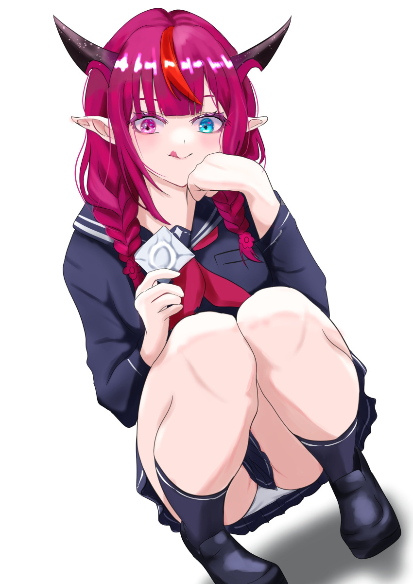 1girl :q absurdres black_footwear black_horns black_sailor_collar black_serafuku black_shirt black_skirt black_socks blue_eyes blunt_bangs braid condom condom_wrapper english_commentary heterochromia highres holding holding_condom hololive hololive_english horns irys_(gaming_casual)_(hololive) irys_(hololive) jomizumi licking_lips loafers long_hair long_sleeves looking_at_viewer low_twin_braids multicolored_hair neckerchief official_alternate_costume panties pantyshot pleated_skirt pointy_ears purple_eyes purple_hair red_hair red_neckerchief sailor_collar school_uniform serafuku shirt shoes simple_background skirt socks solo squatting streaked_hair tongue tongue_out twin_braids underwear virtual_youtuber white_panties